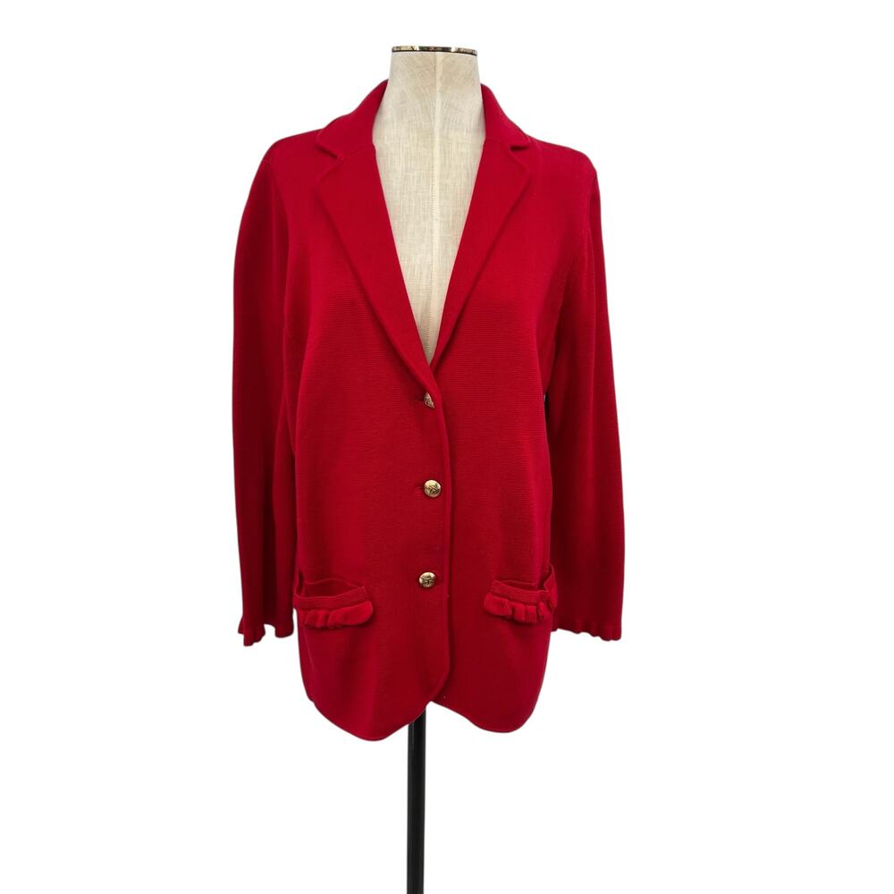 Talbots Knit Sweater‎ Blazer Jacket Gold Buttons Ruffle Red Plus Size 1X